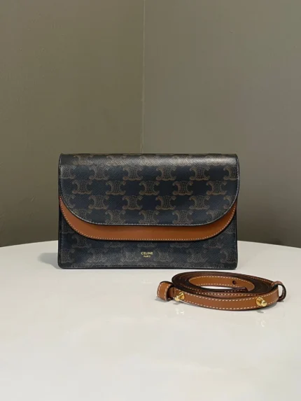 Celine Wallet on Strap Triomphe Canvas / Tan Lambskin