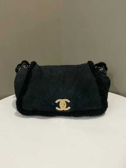 Chanel Shearling Accordion Flap Bag Black Suede